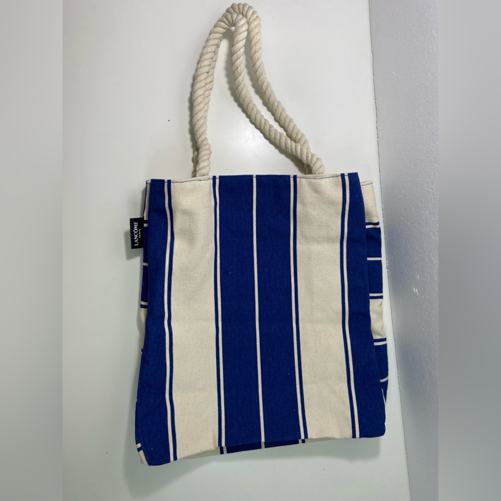 Lancome Tote Blue White Striped Canvas Nautical Summer Shopper Beach Bag